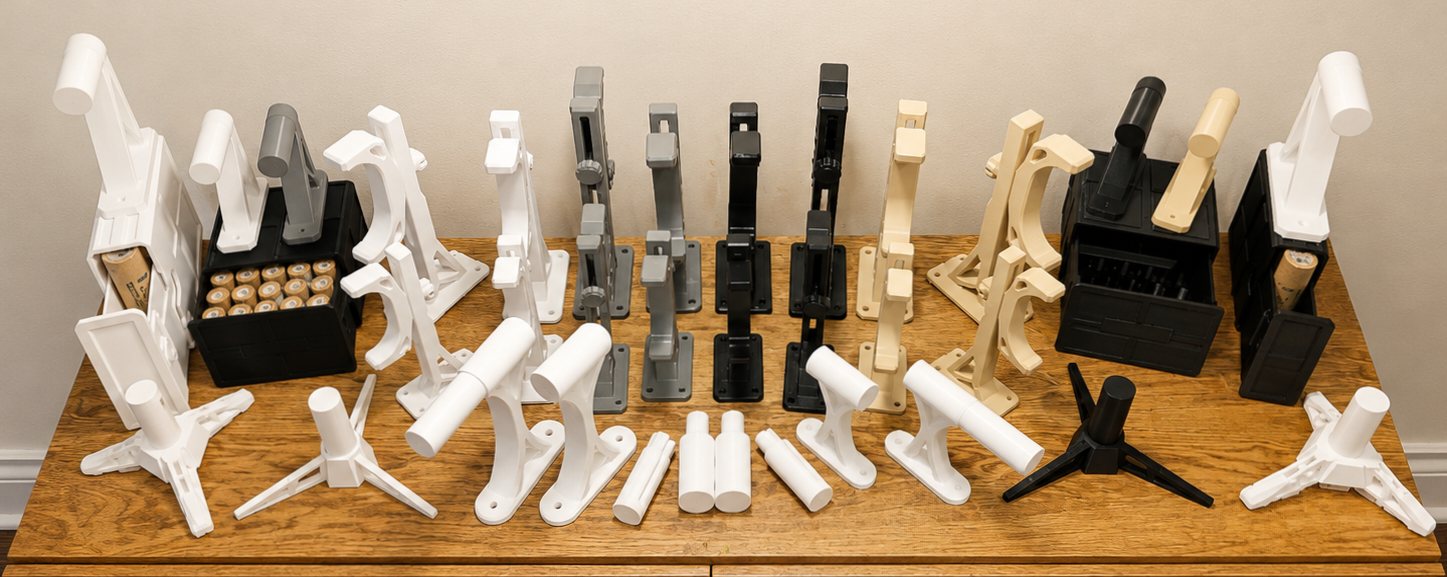 ITERA wall mounts, desktop stands and open motor storage cases in several colors